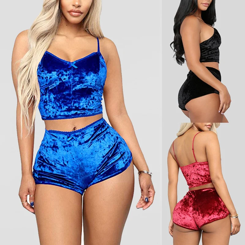 2 Pieces Pyjamas Women Solid Soft Sexy Nightwear Suit Velvet Lingerie Set Pleated Sleepwear Sets Strap Women Top+Loose Shorts