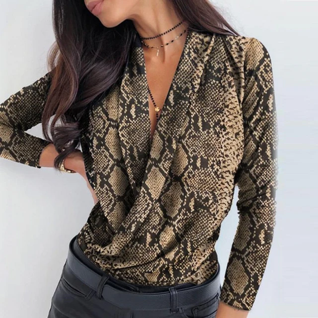 NUKTY OL Women Long Sleeve Deep V-neck Shirt Blouses Tops Sexy Criss-cross Snake Skin Shirt Work Business Formal Shirt Outwear Fall