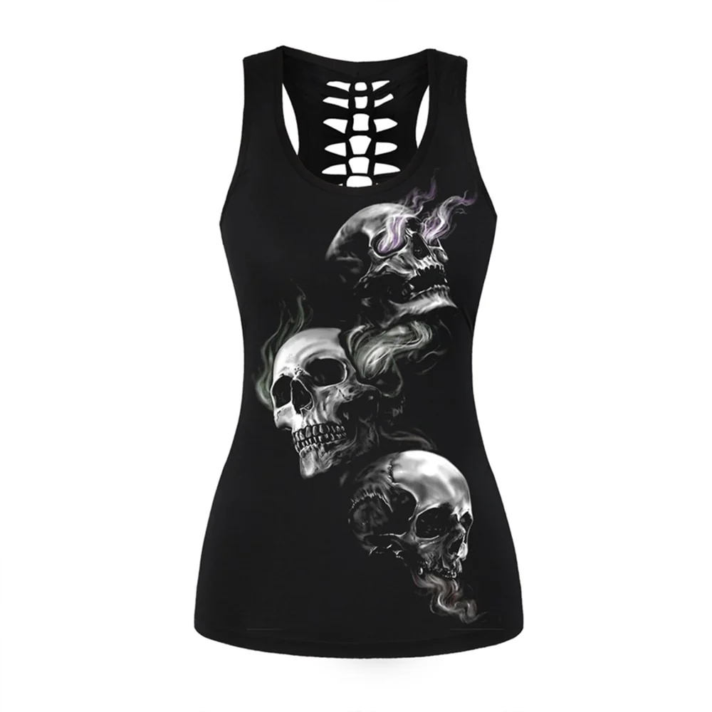 Nukty Vintage Skull Printed Women Fitness Tank Tops Gothic Punk title O Neck Sleeveless Tee Tight Vest Tops Female Sporting Clothing