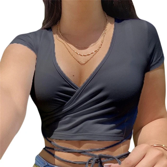 NUKTY  Summer Solid V Neck T Shirts Women Short Sleeve Short Tops Crop Tops Ladies Casual Tops Tees Female Shirts White Pink