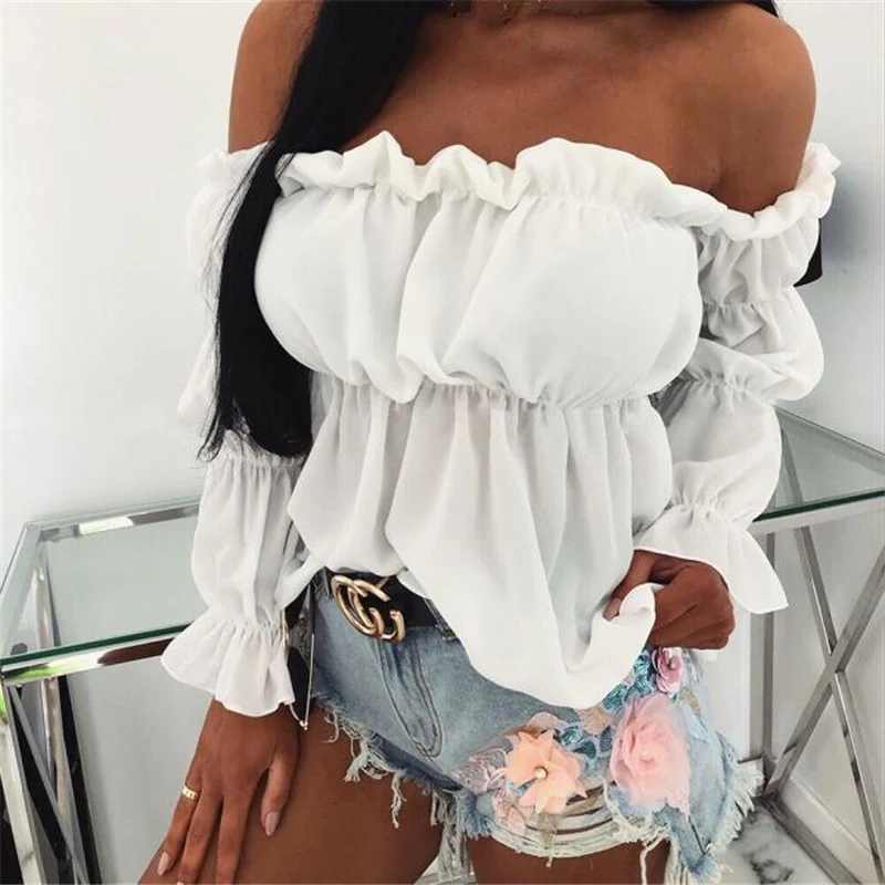 Chiffon Blouses Womens Sexy Off Shoulder Long Puff Sleeve Short Tops Loose Casual Blouse Lady Sexy Hot Sale Ruffle Pleated Shirt