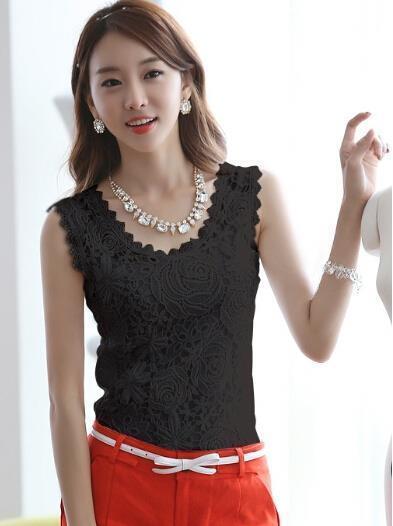 Elegant Women Lace blouse Shirts Sleeveless White Tops Female clothing Ladies Blusas Casual Blouse Black Plus Size Shirt
