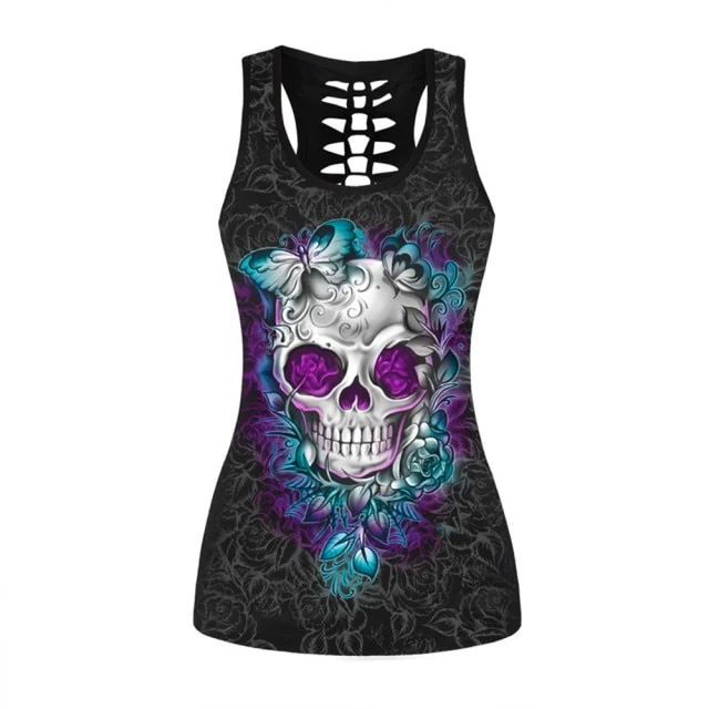 Nukty Vintage Skull Printed Women Fitness Tank Tops Gothic Punk title O Neck Sleeveless Tee Tight Vest Tops Female Sporting Clothing