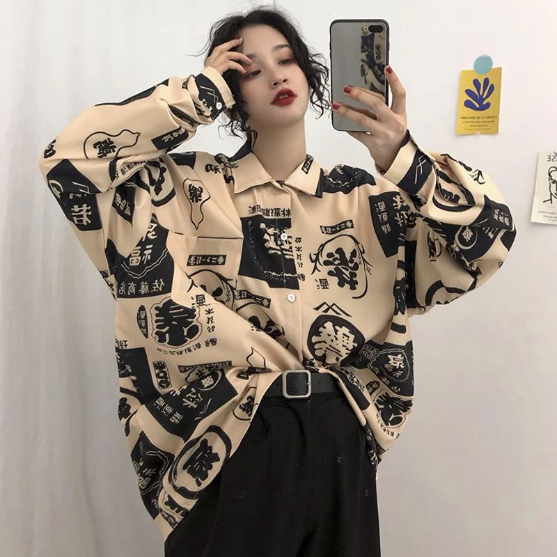 NUKTY  streetwear Harajuku blouse couple shirt women men Clothing Blouses bf long shirts spring autumn turn-down collar casual Top