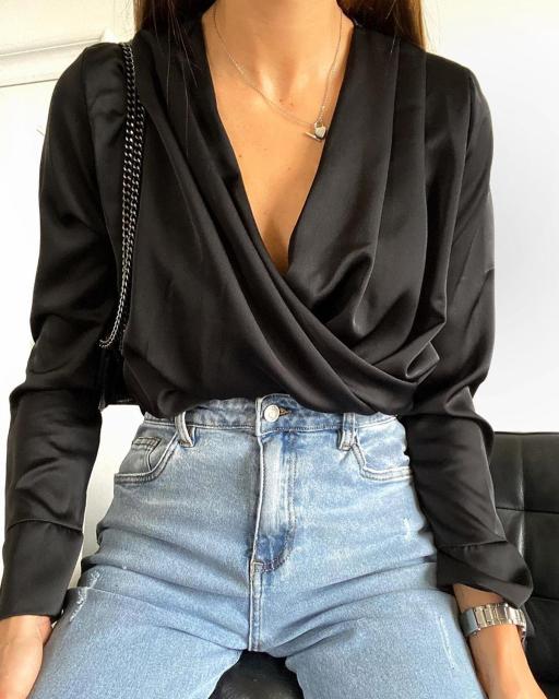 Women Satin v Neck Sexy Tops And Blouse Solid Color Fashion Summer Autumn Long Sleeve Shirts Party Club Fashion