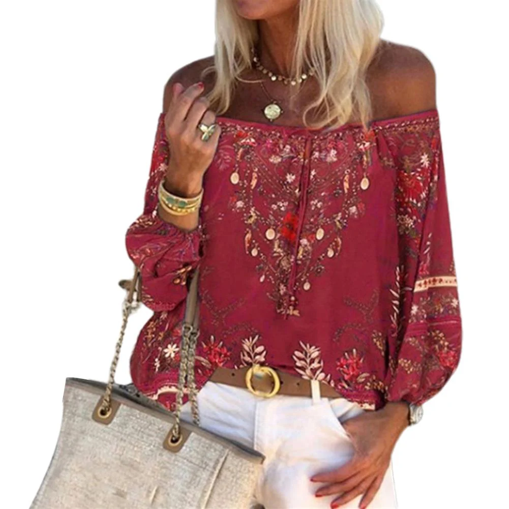 NUKTY  Boho title Women Blouses Vintage Lacing Stitching Off Shoulder Floral Print String Blouse Top Shirt for women female