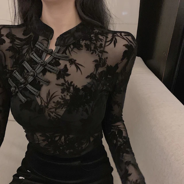 Girls Transparent Lace Blouses Shirts Tees Female Chinese title Turtleneck Vintage Full Sleeve Black Blouses Tops For Women