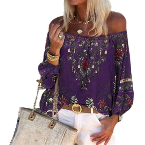NUKTY  Boho title Women Blouses Vintage Lacing Stitching Off Shoulder Floral Print String Blouse Top Shirt for women female