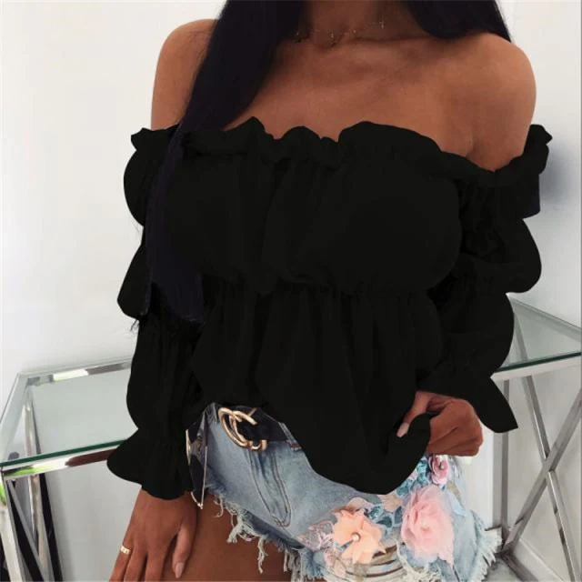 Chiffon Blouses Womens Sexy Off Shoulder Long Puff Sleeve Short Tops Loose Casual Blouse Lady Sexy Hot Sale Ruffle Pleated Shirt